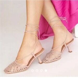 Anthropologie Maeve Caged Ankle-Wrap Lace‎ Up Heels Cream/pink Nude EU 39 US 8